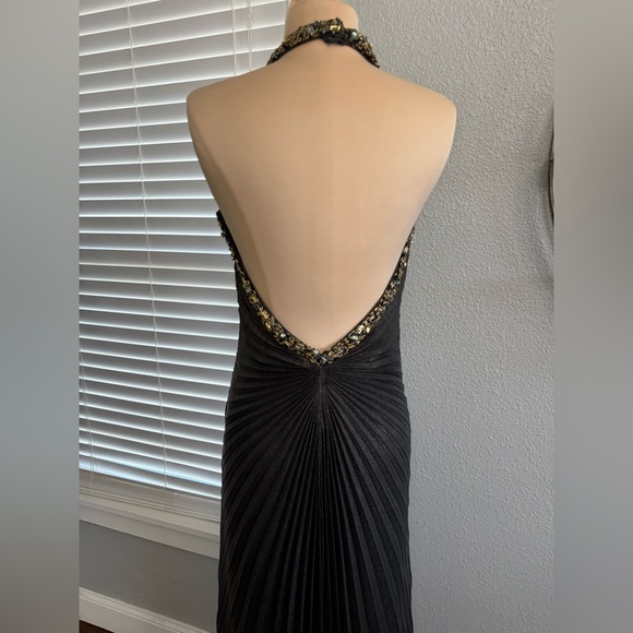 Sue Wong Nocturne Halter Pleated Beaded Gown Size 8 Travilla Style Black & Gold - Picture 6 of 8